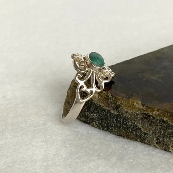 Sterling Silver 925 Cutout Scrollwork Oval Simulated Turquoise Ring Sz 7.25 - Picture 7 of 16